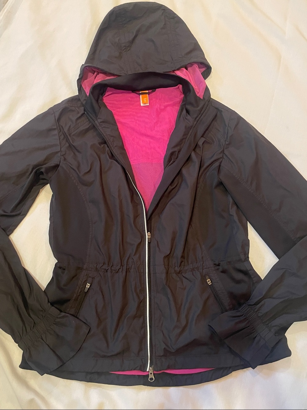 Lucy Black Utility Windbreaker Jacket with Fuchsia lining. XS